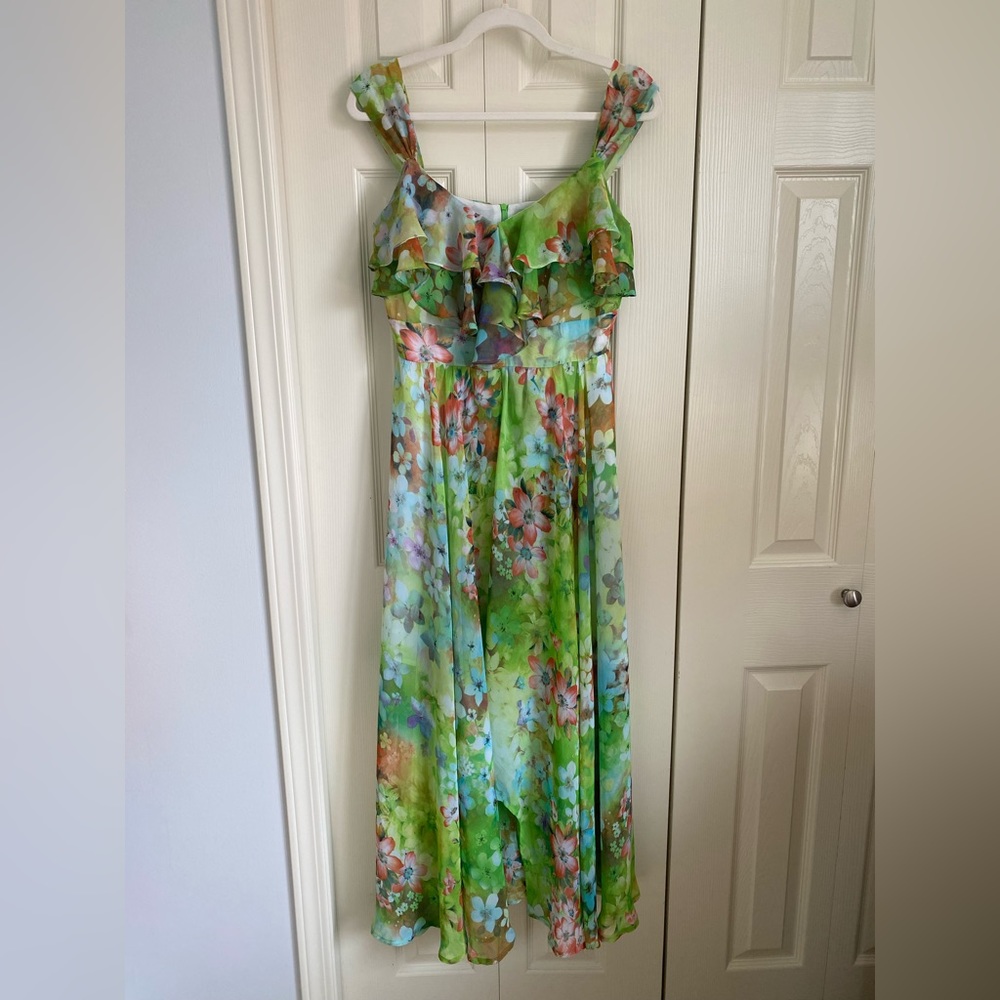 DONATED ❌Garden of flowers SILK open shoulders maxi dress size L